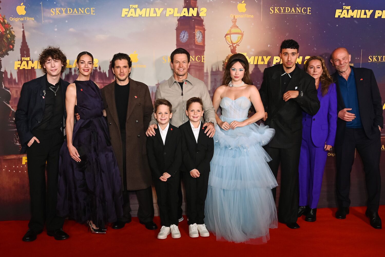 LONDON, ENGLAND - NOVEMBER 11: (L to R) Van Crosby, Michelle Monaghan, Kit Harington, Theodore Lindsay, Mark Wahlberg, Peter Lindsay, Zoe Colletti, Reda Elazouar, Sidse Babett Knudsen and Simon Cellan Jones attend the World Premiere of Apple Original Films' "The Family Plan 2" at Curzon Mayfair on November 11, 2025 in London, England. "The Family Plan 2" will premiere globally on Apple TV on Friday, November 21, 2025. Photo Credit: Dave Benett
