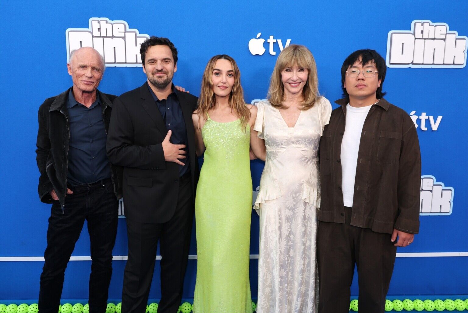 LOS ANGELES, CALIFORNIA - JULY 20: (L-R) Ed Harris, Jake Johnson, Chloe Fineman, Mary Steenburgen and Aaron Chen attend the global premiere of the upcoming Apple TV sports comedy “The Dink” at The Atrium at Westfield Century City on July 20, 2026 in Los Angeles, California. “The Dink” streams globally on Apple TV on Friday, July 24, 2026. (Photo by Eric Charbonneau/Apple TV via Getty Images)