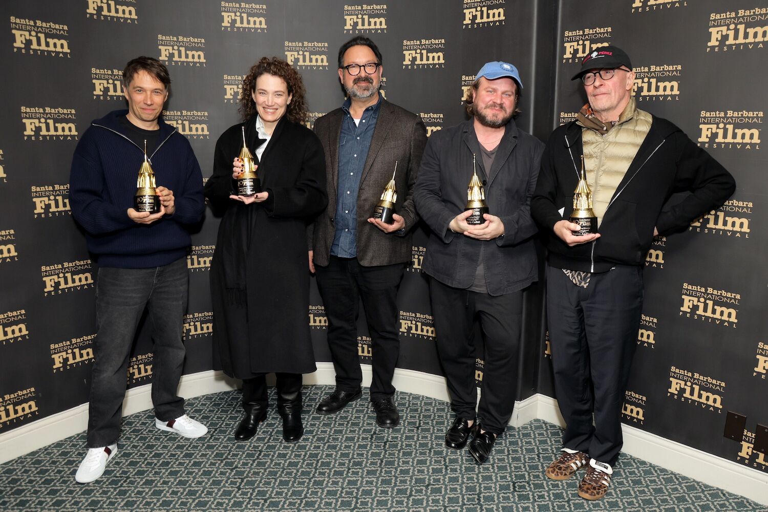 SANTA BARBARA, CALIFORNIA - FEBRUARY 10: Brady Corbet, Coralie Fargeat, Jacques Audiard, Sean Baker and James Mangold on February 10, 2025 in Santa Barbara, California. (Photo by Rebecca Sapp/Getty Images for Santa Barbara International Film Festival)