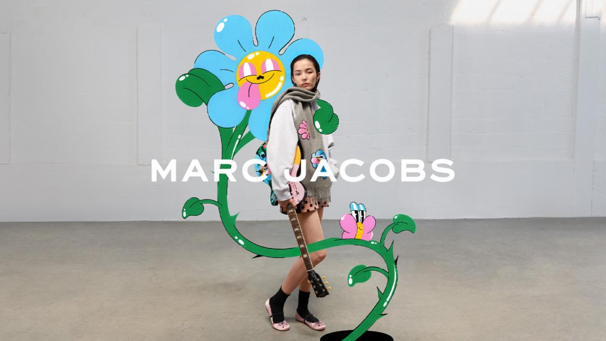 Gibson x Marc Jacobs customized Les Paul guitar and Marc Jacobs Daisy Wool Scarf featuring artwork from Hattie Stewart.